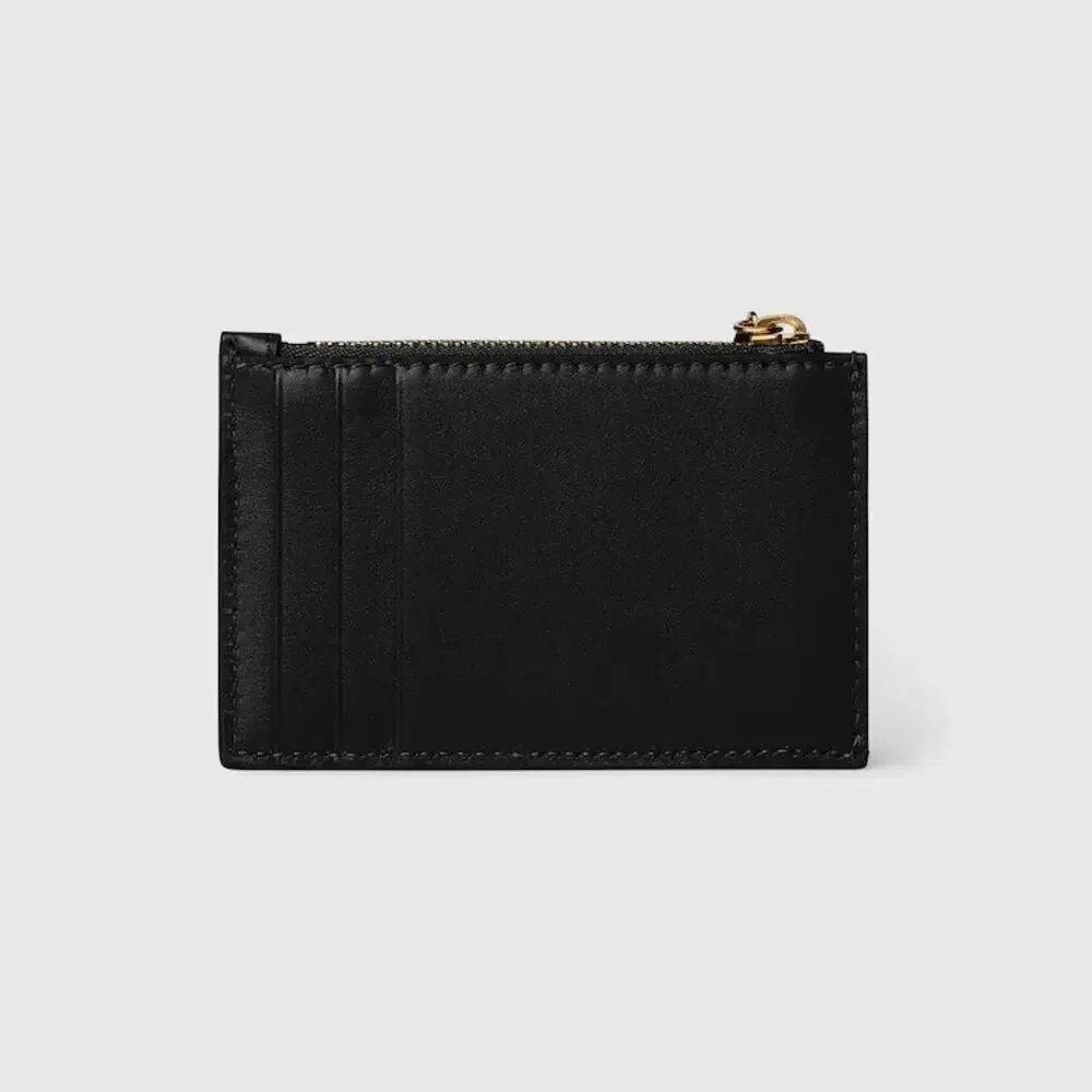 Gucci Bamboo Card Case Black Leather Zip Card Holder Wallet BNIB